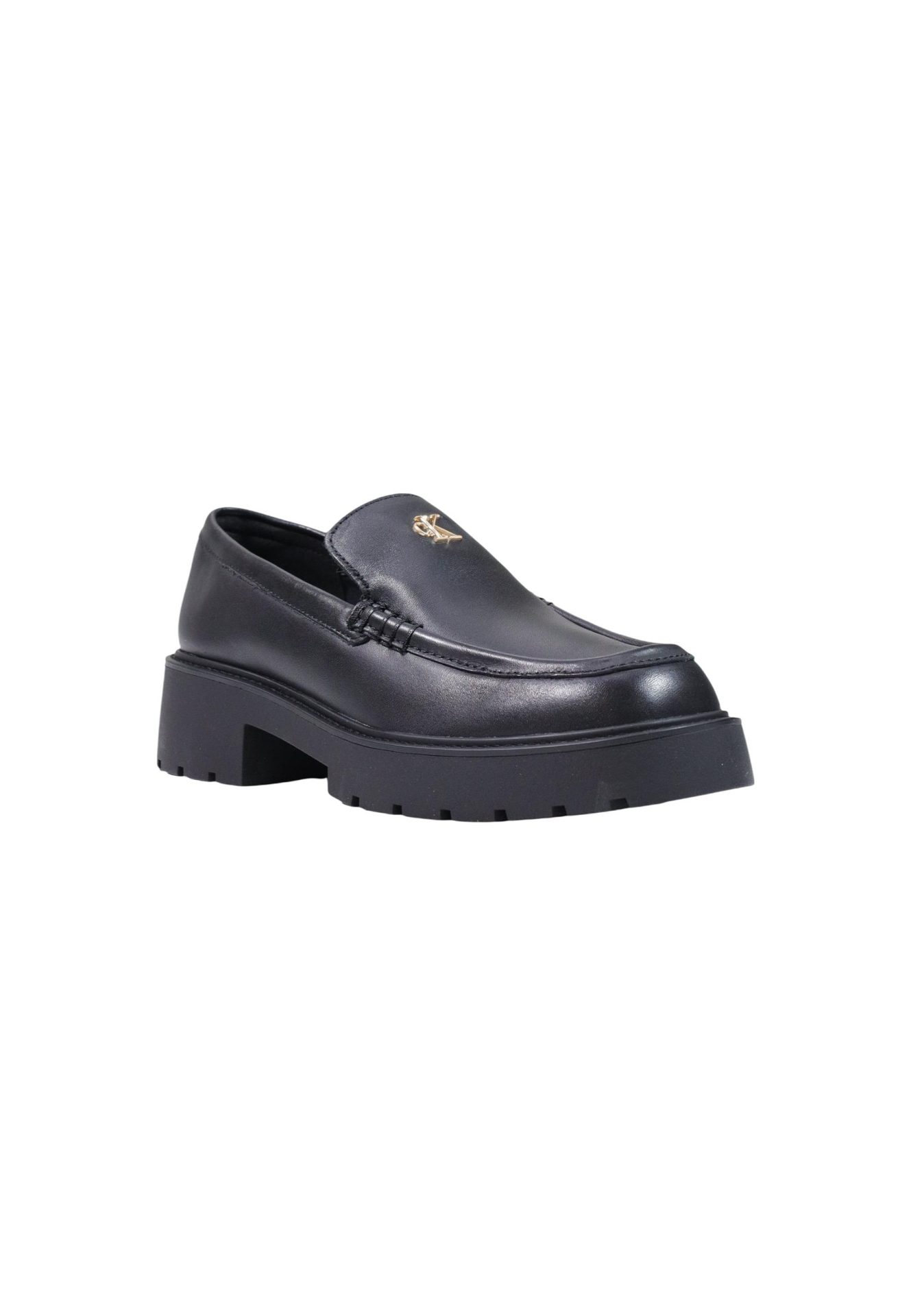 Black leather loafer featuring a chunky lug sole and gold CK logo hardware