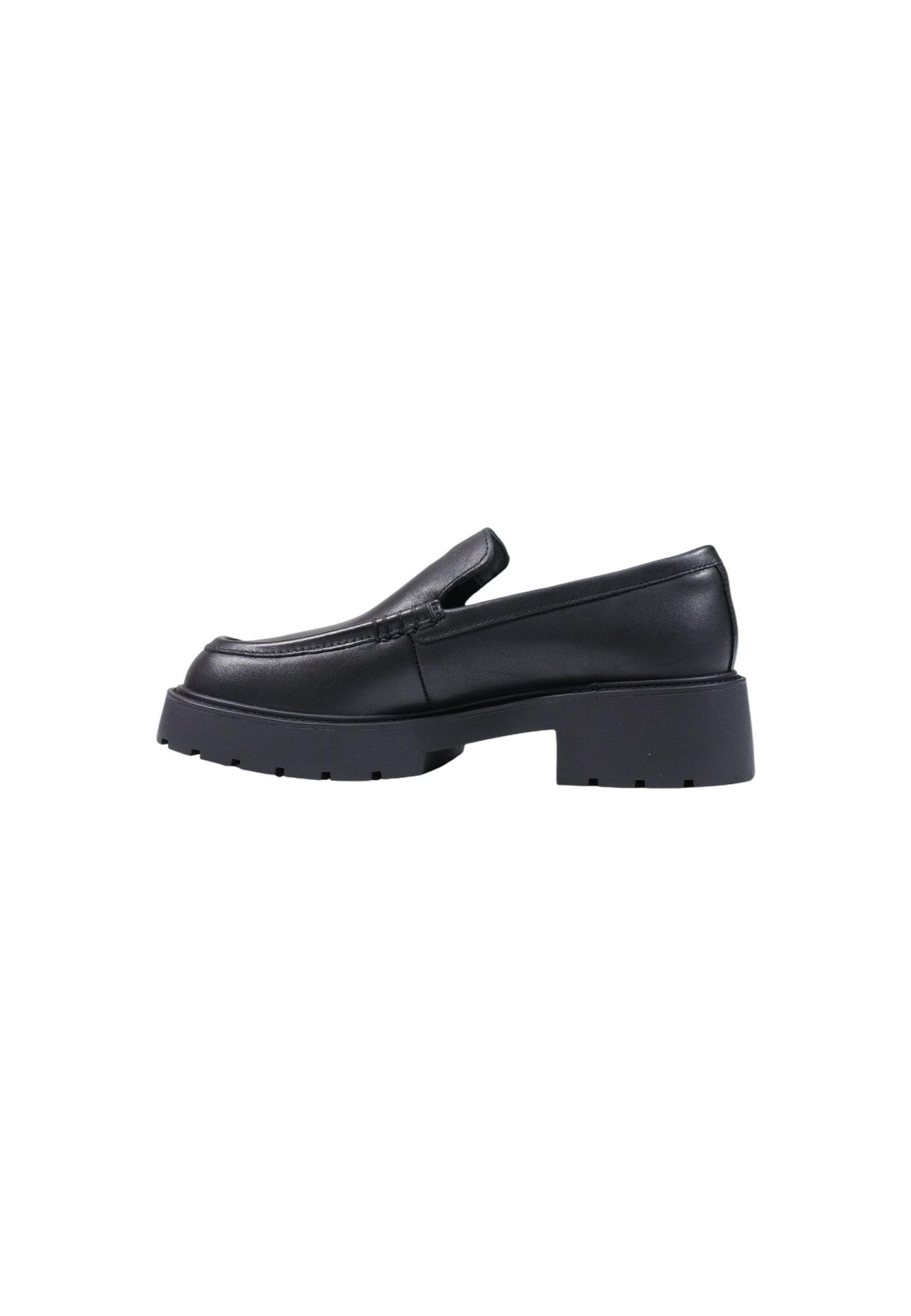 Side view of a black leather loafer with a chunky platform lug sole