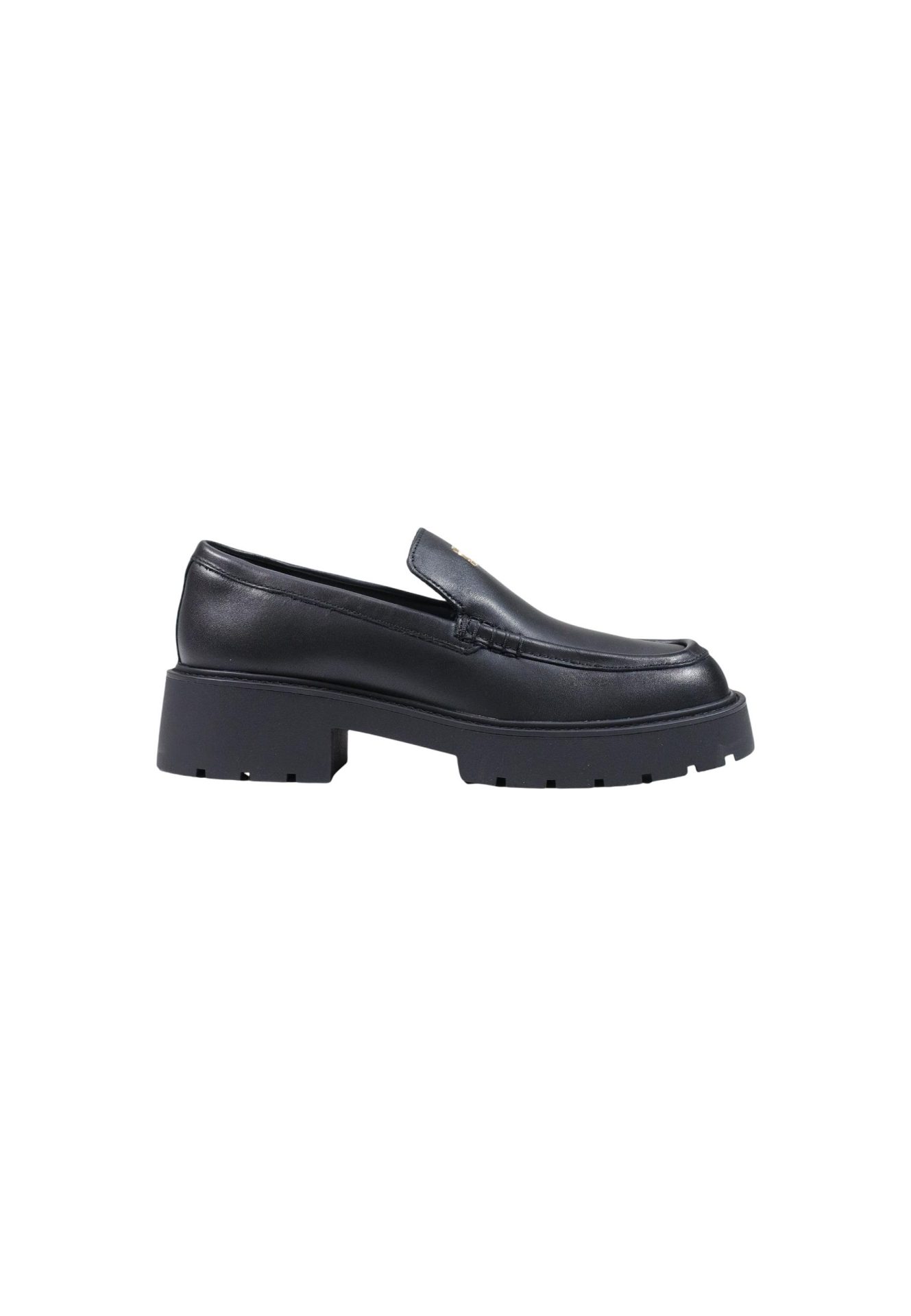 Black leather loafer with a chunky lug sole, shown from the side profile