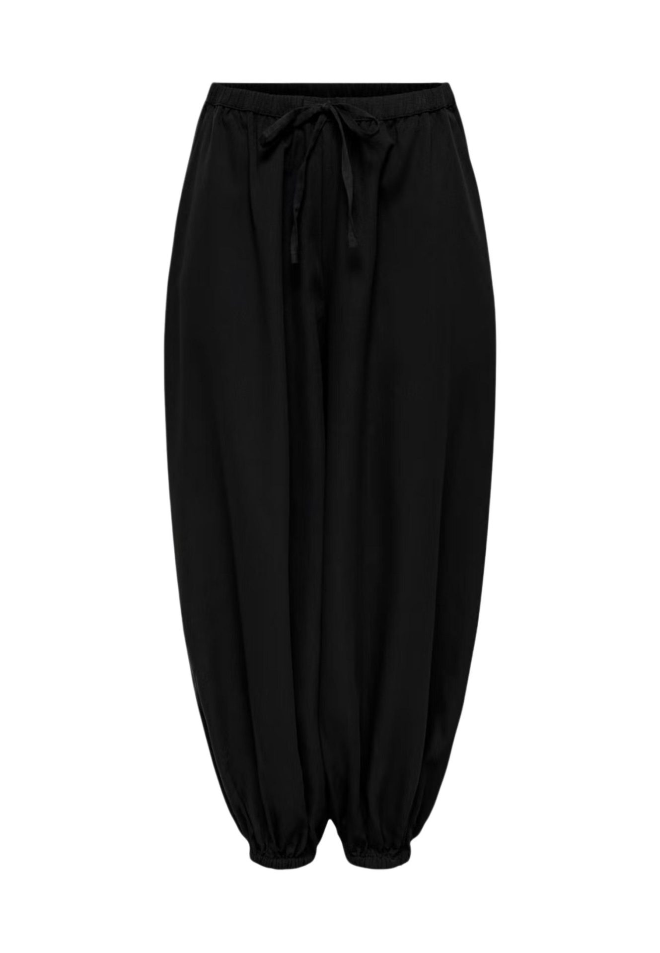 Black balloon pants with a drawstring elastic waistband and gathered ankle cuffs