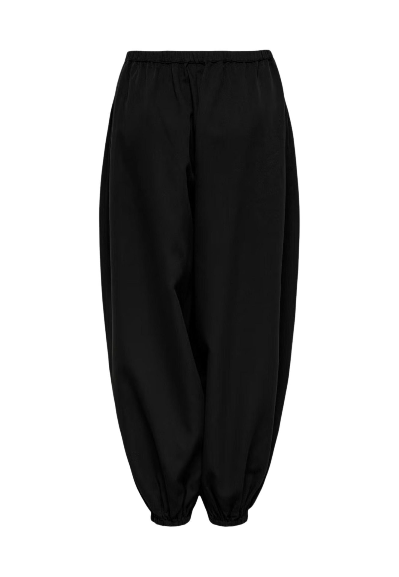 Loose-fitting black balloon pants with an elastic waistband and elastic ankle cuffs