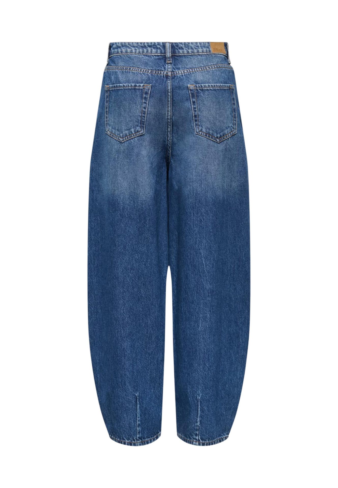 Back view of high-waisted, wide-leg blue jeans with a medium wash and two back pockets