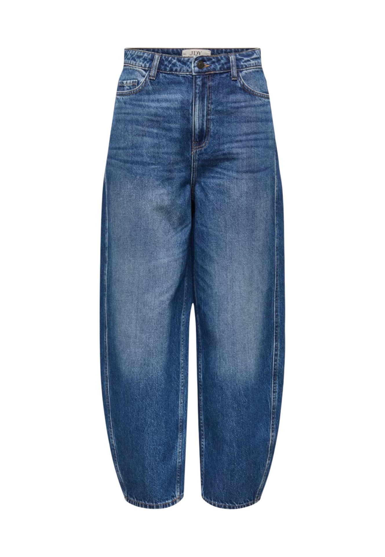 High-waisted, barrel-leg blue jeans in a medium wash