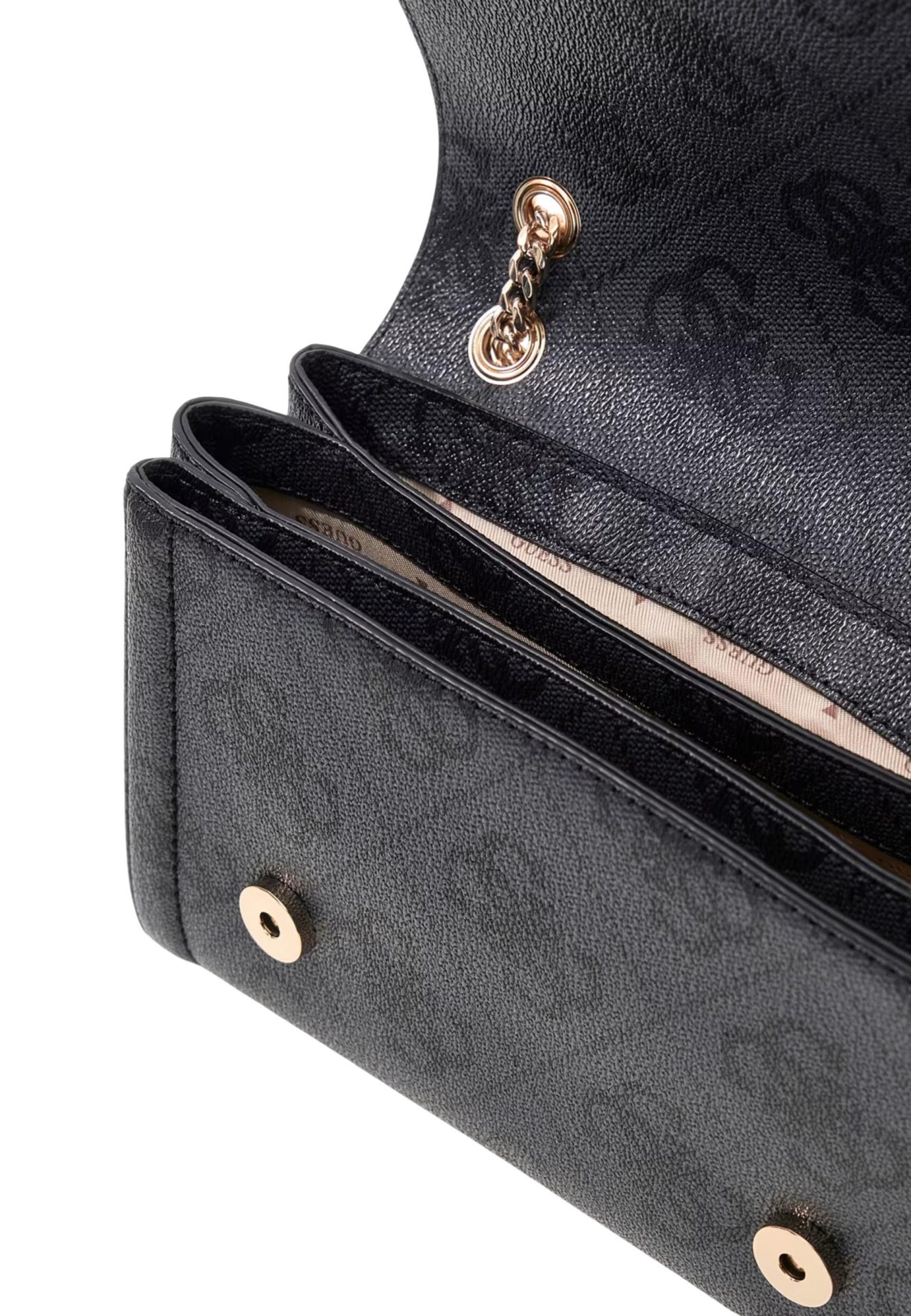 Interior view of an open black handbag showing two compartments with logo-print lining and magnetic snap closures