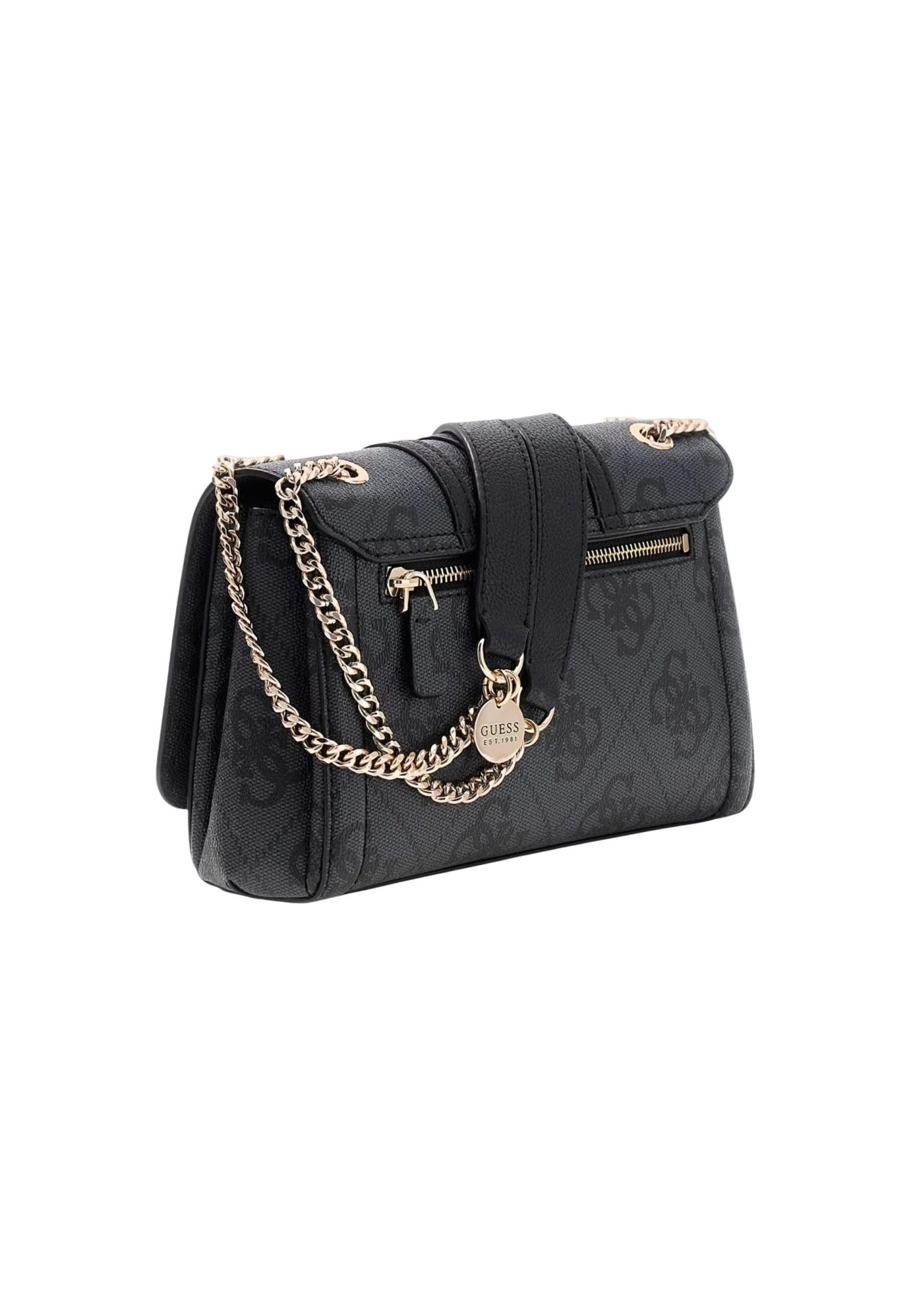 Guess dark grey monogram handbag with gold chain strap and logo charm