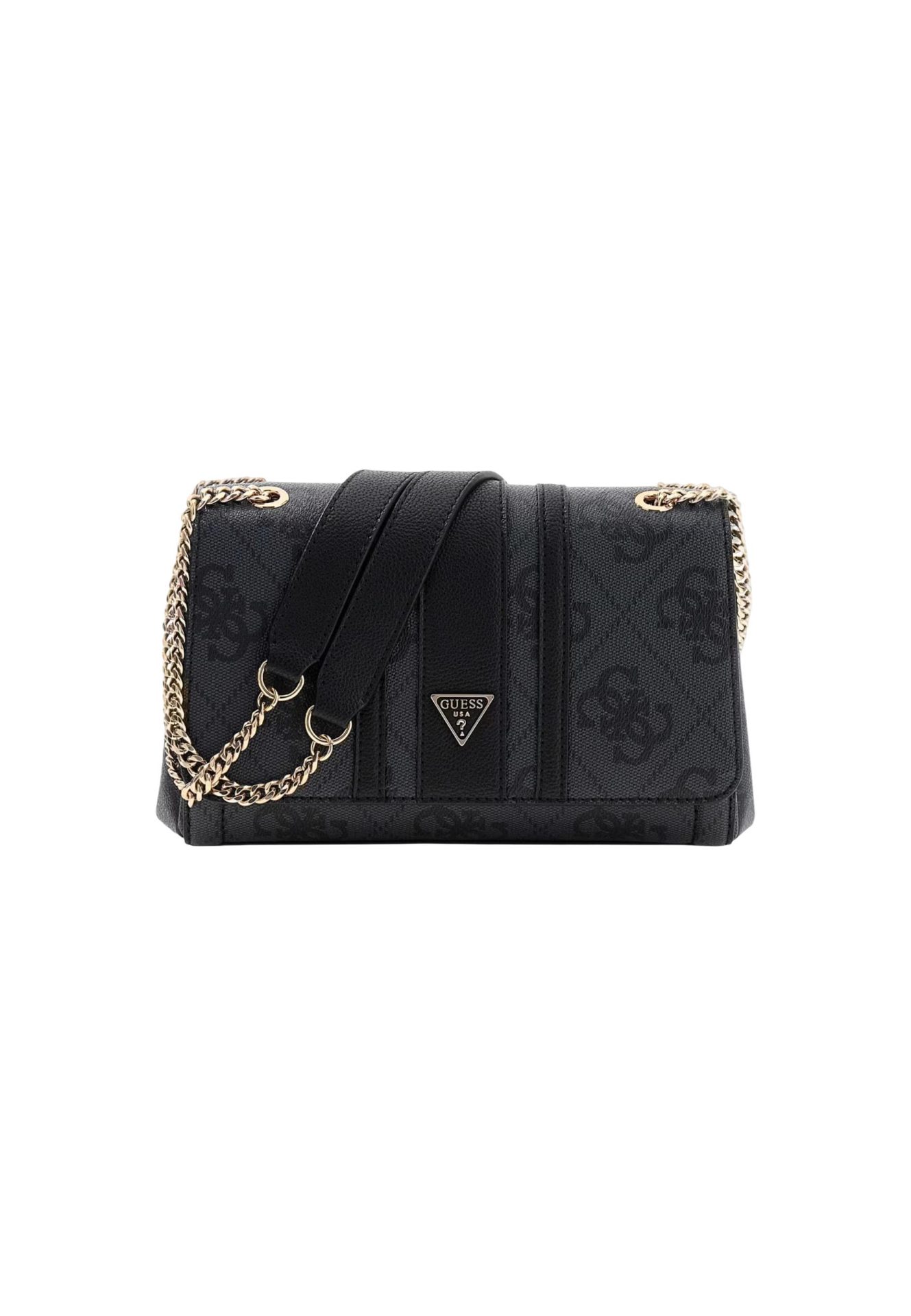 Black Guess shoulder bag with logo print, gold chain strap, and triangle logo plaque