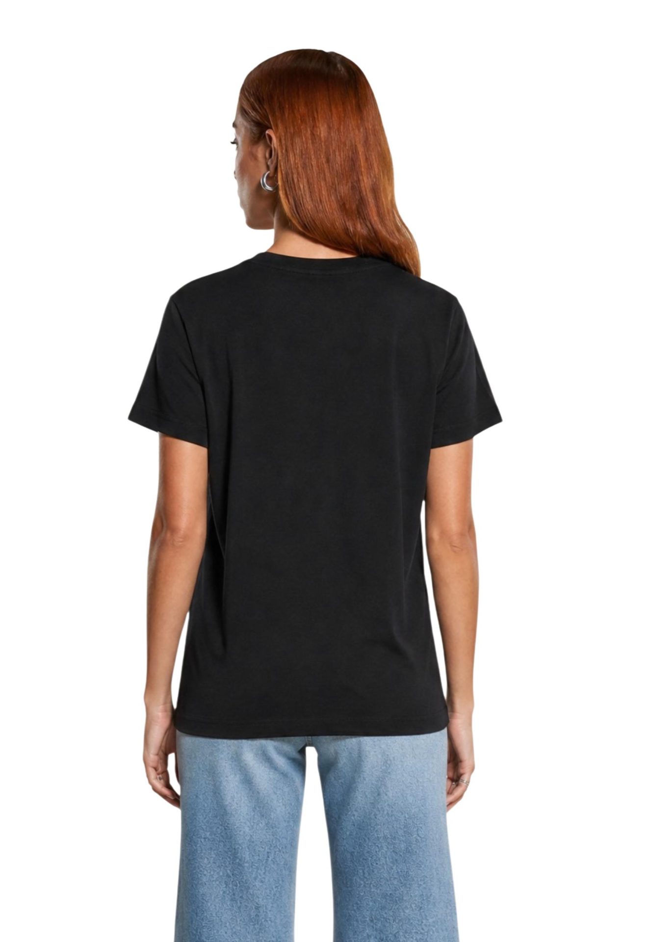 Back view of a model wearing a plain black short-sleeve t-shirt