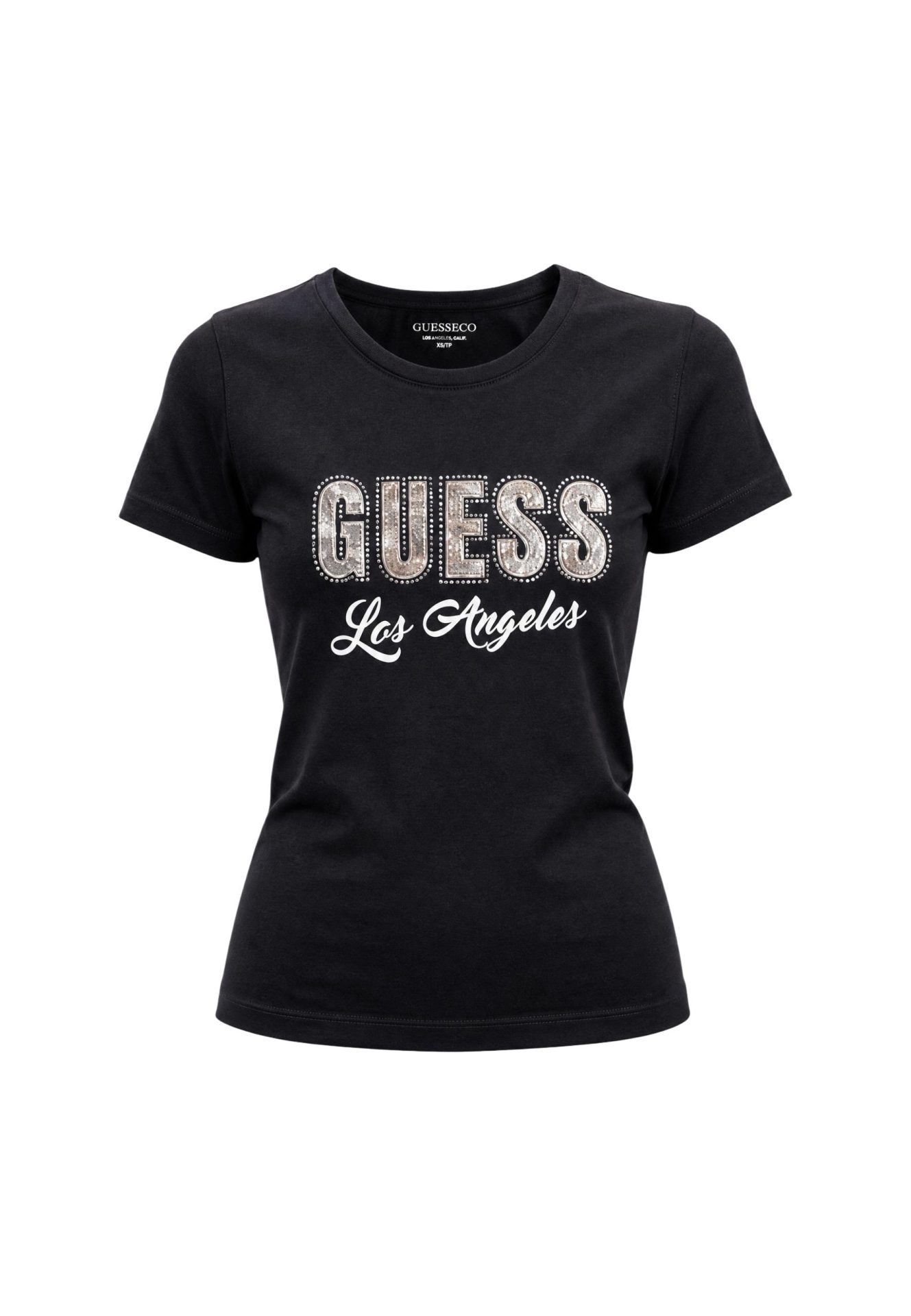 Black t-shirt with silver sequined GUESS logo and white cursive Los Angeles text