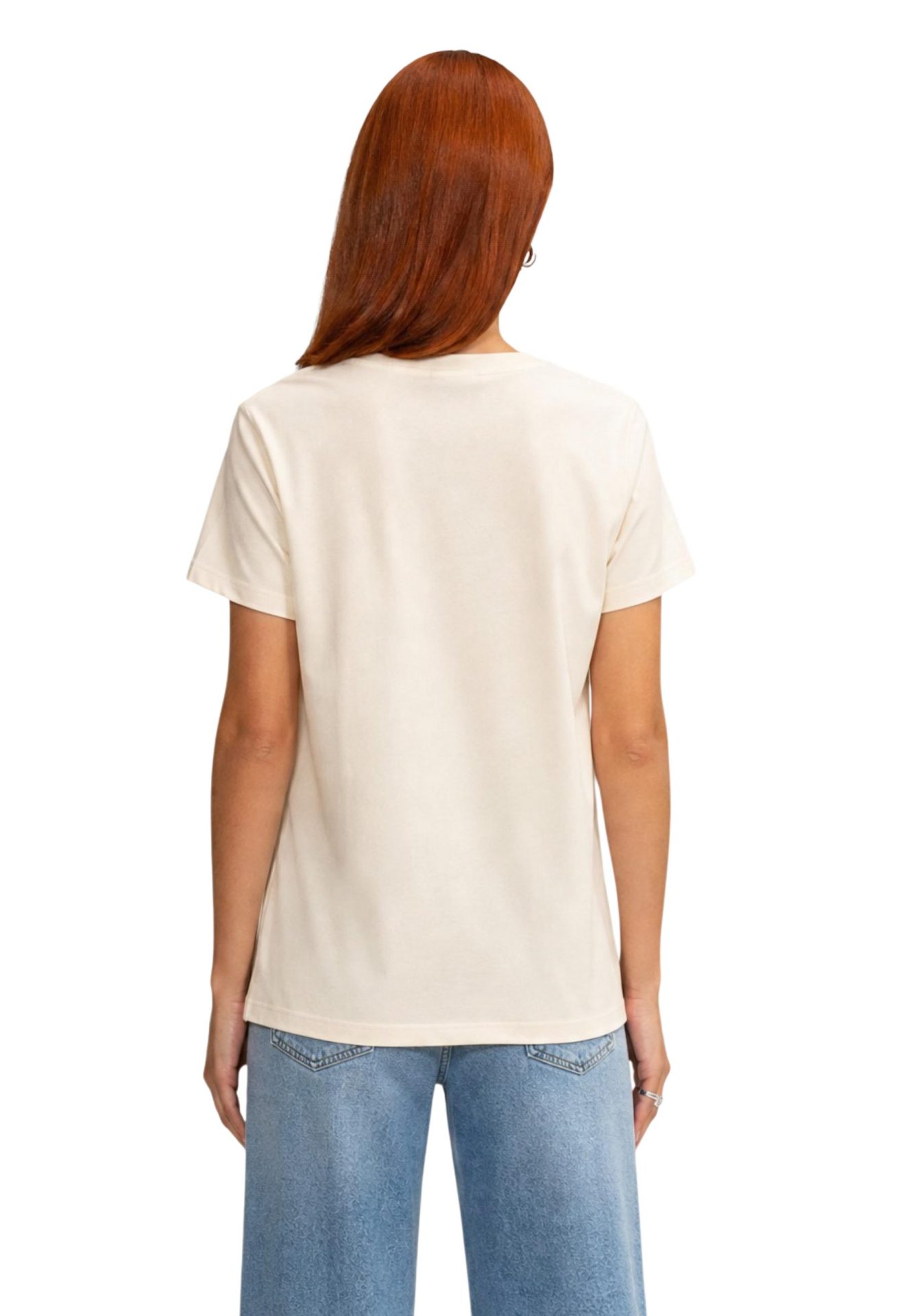 Back view of a plain cream short-sleeve t-shirt on a model